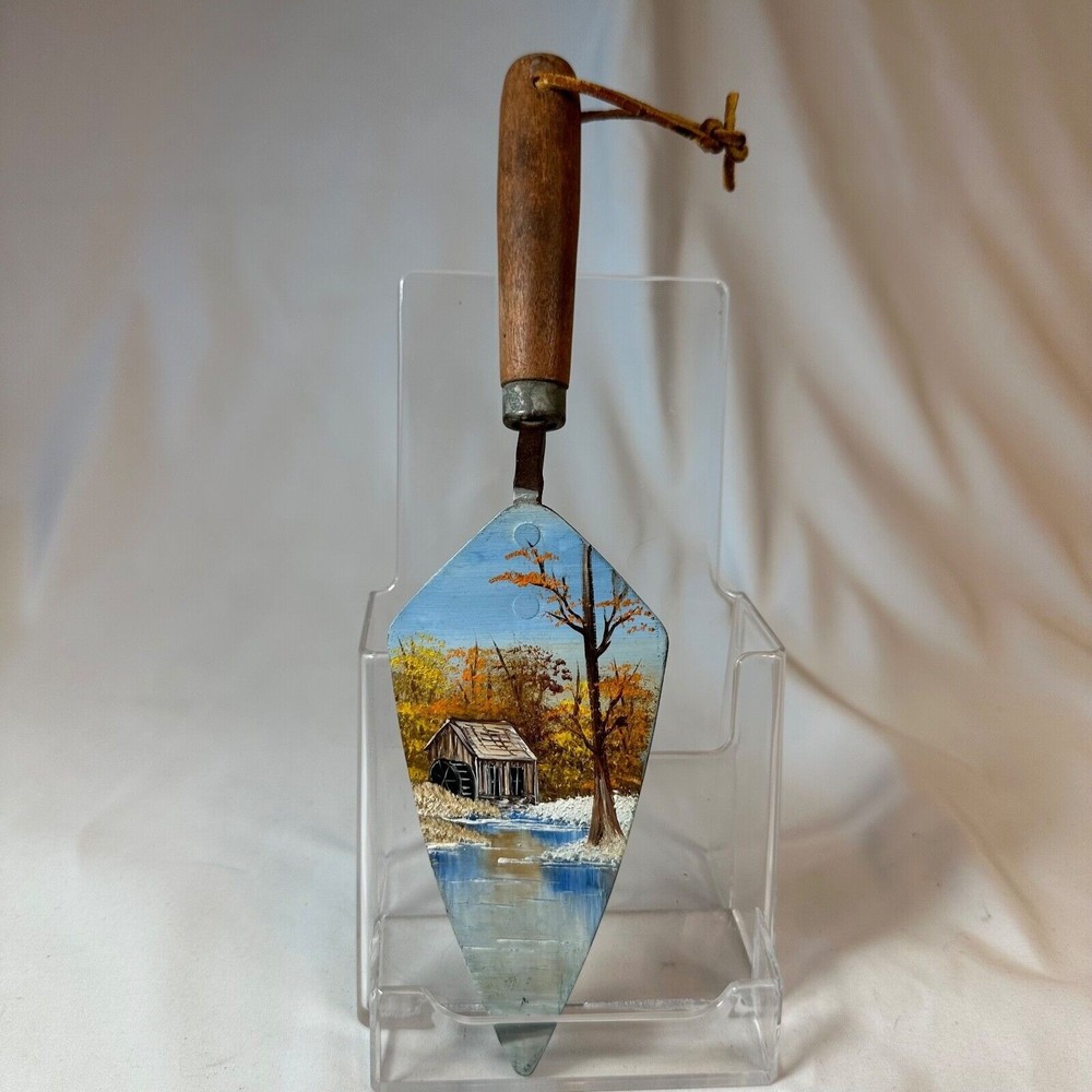 Vintage Hand Painted Trowel Fall Trees By Waterwheel Cabin Snow On Pond 5x2.75